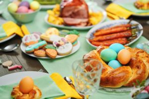 Easter Lunch with Roast Pork, Vegetables, Easter Cookies and Easter Cake