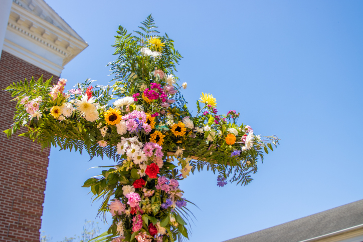 Flower cross outside church on Easter