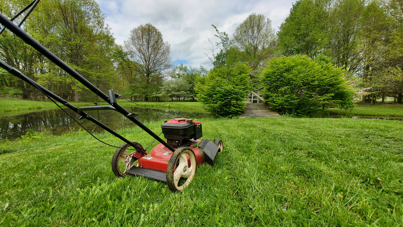 Lawn mower on grass in large backyard