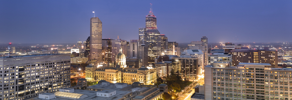 City skyline panorama view of Indianapolis, Indiana, USA at night
