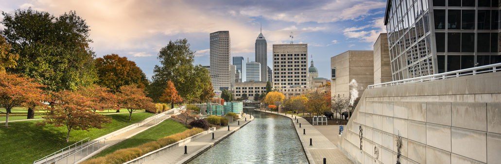 Indianapolis, Indiana, USA downtown city skyline panorama view looking over the Central Canal Walk