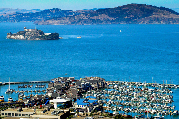 Aerial view of San Francisco Pier and Alcatraz Island.