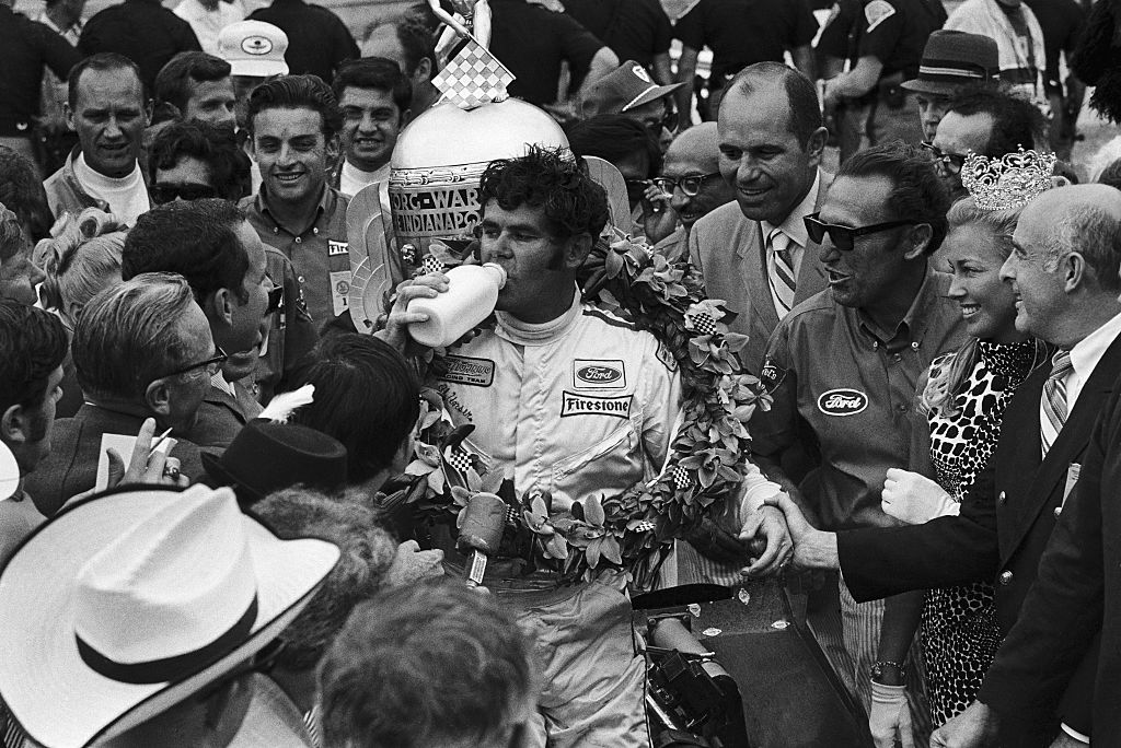 Al Unser Drinking Milk in Victory Lane