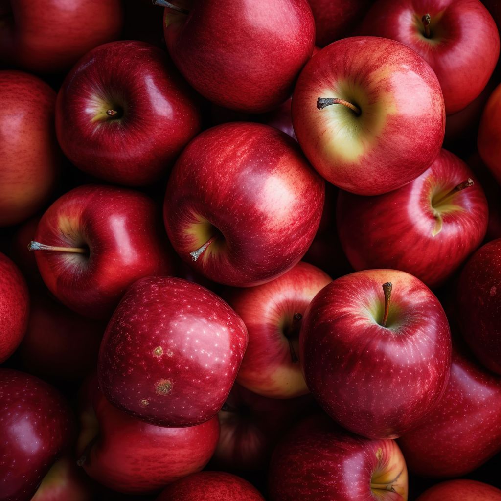 Red apples background. Many red apples top view, zoomed photo.
