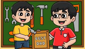 Father and Son doing a Carpentry Colored Cartoon