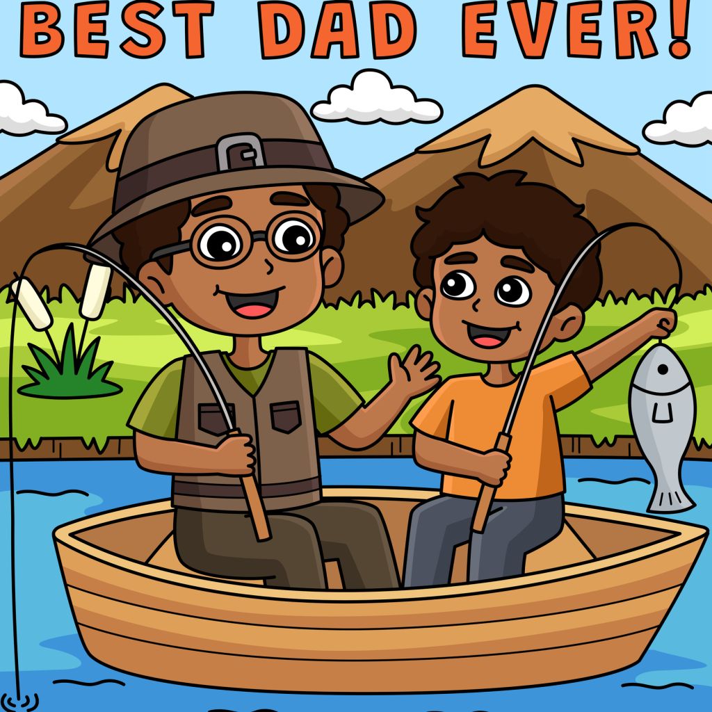 Father and Son Fishing Colored Cartoon