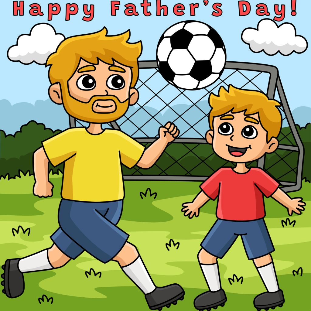 Father and Son Playing Sports Colored Cartoon