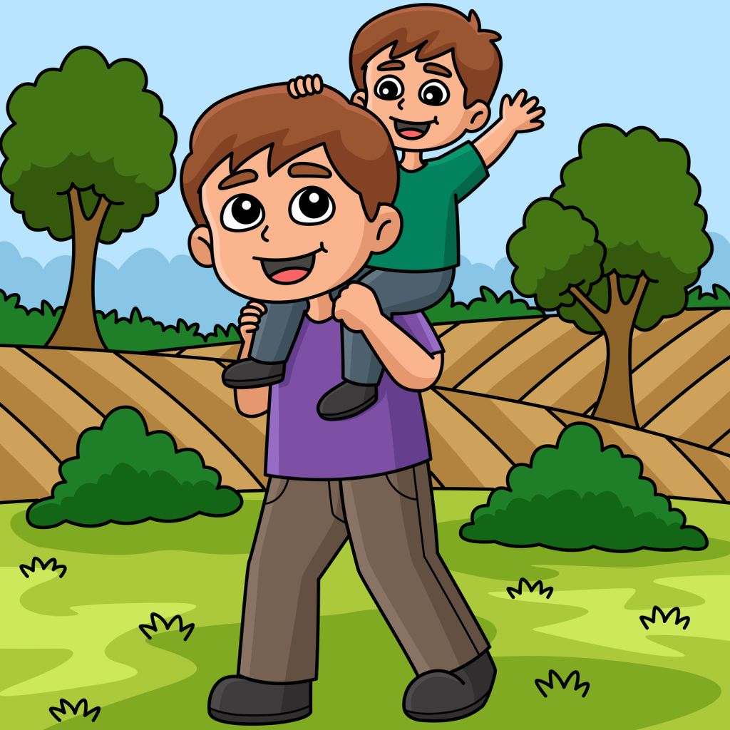 Father Carrying his Son Colored Cartoon