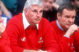 Bob knight photo of him sitting on the bench coaching his team