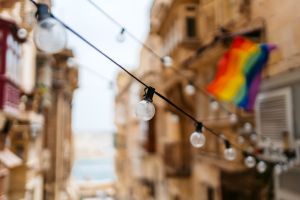 Street String Lights With A Pride Flag In The Background In Valletta Malta