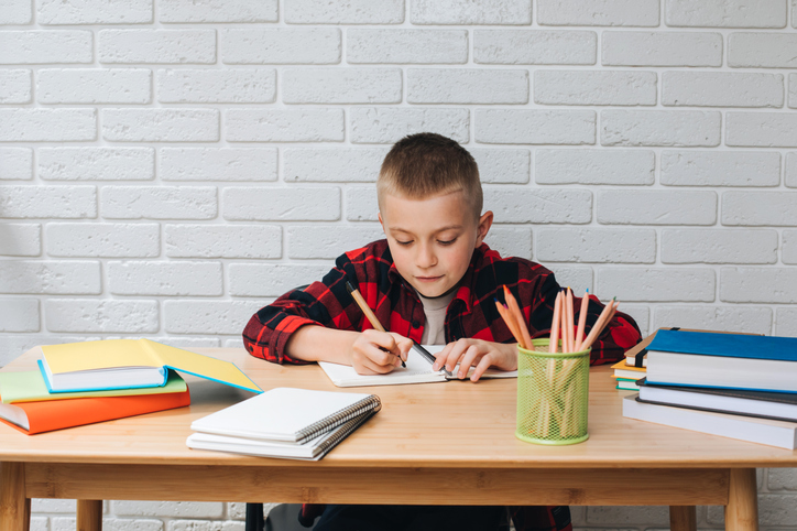 Concept back to the school. A boy in the process of studying sits at a table with books, notebooks and pencils