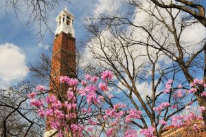 Purdue University Campus Bell Tower and Flowers in Spring