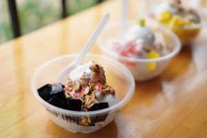 Coconut Milk Ice Cream with Grass Jelly, Luk Chid, and Peanuts