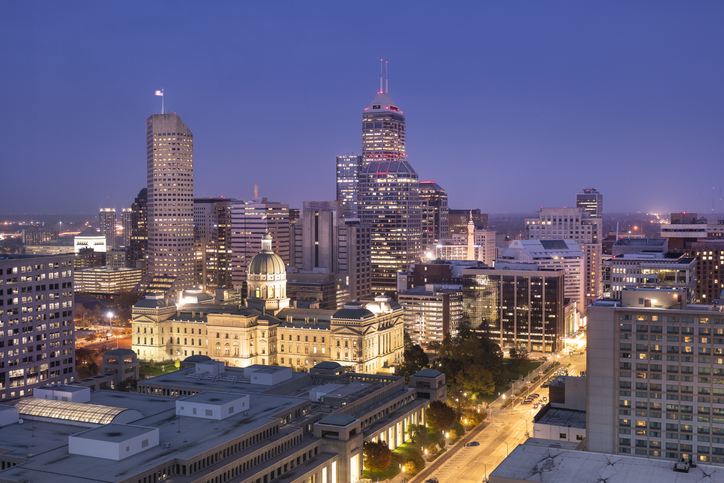 City skyline view of Indianapolis, Indiana, USA at night