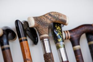 Handmade walking sticks made of wood and horn.