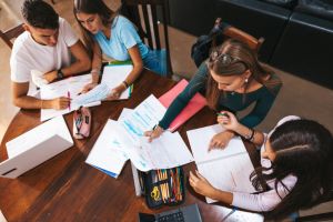 Group of teenage students studying at home