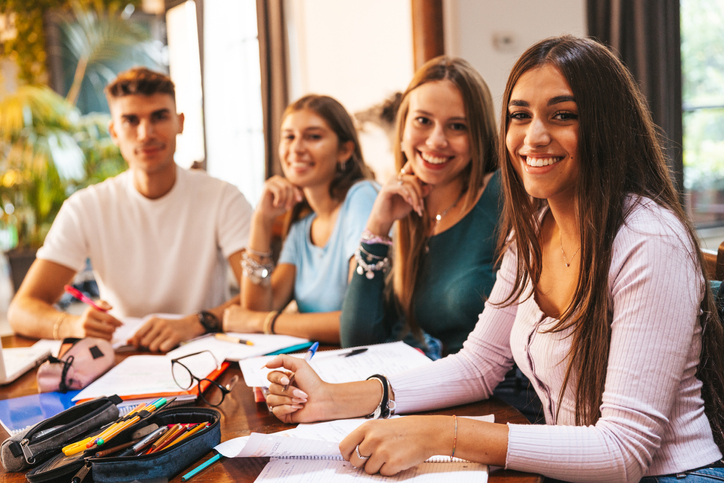 Group of teenage students studying at home