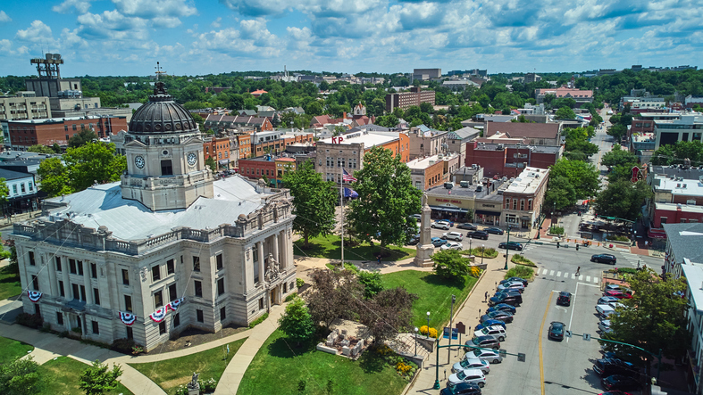 Bloomington Indiana downtown The Square with courthouse aerial