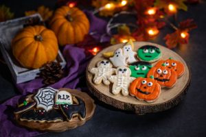 Fresh halloween cookies on black background