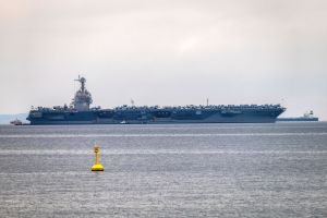 US Navy aircraft carrier USS Gerald R. Ford anchored at the...