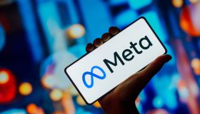 In this photo illustration, the Meta Platforms logo is...