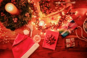 Christmas presents on a festive table