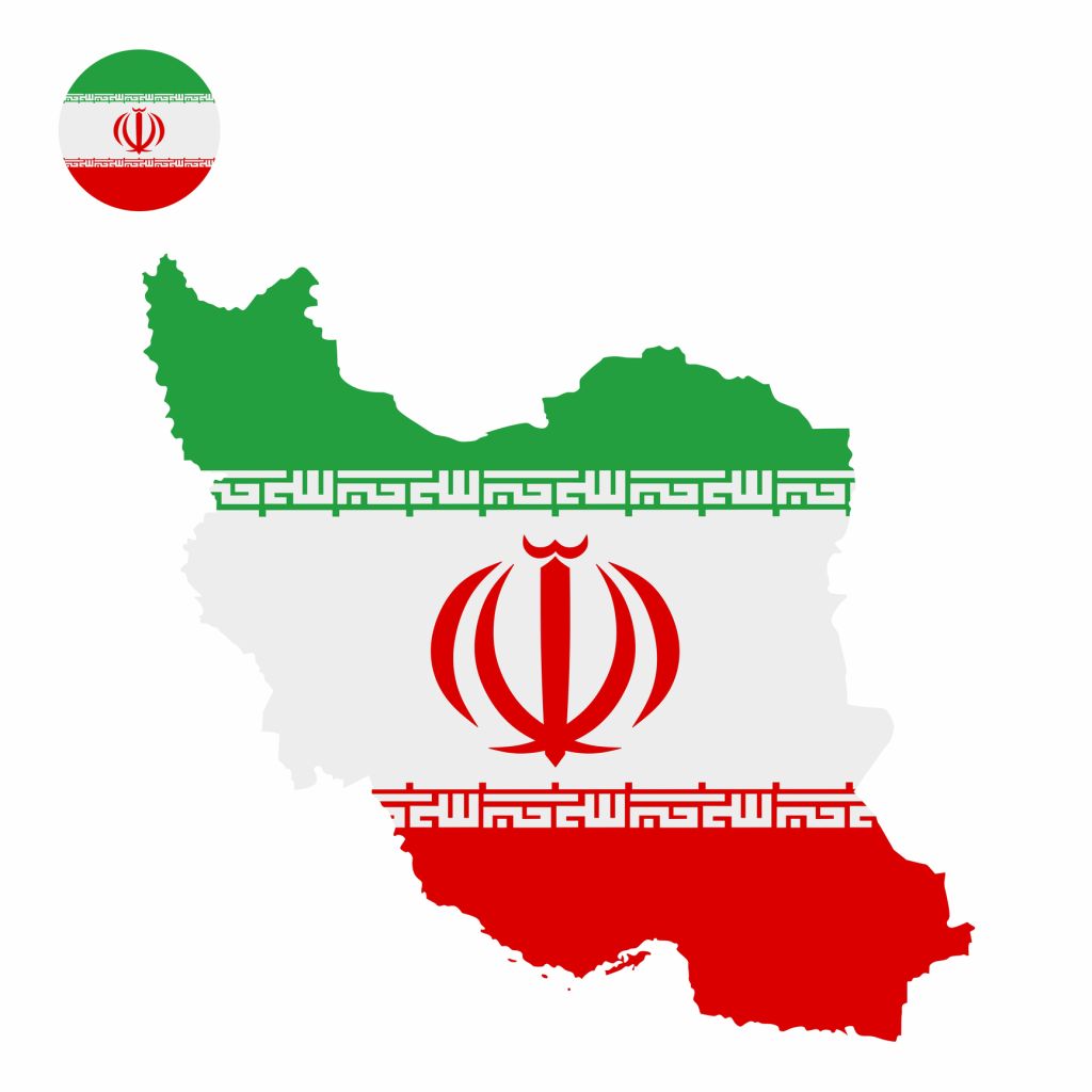 Vector set of Iran high detailed map flag and national flag round badge isolated on white background.