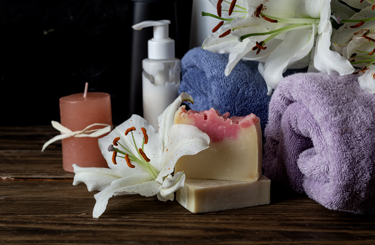 Personal hygiene items for spa, towels on a table close-up
