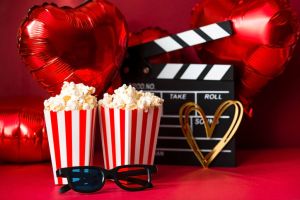 A banner for the film industry. A romantic movie date. A movie camera, 3D glasses, popcorn and heart-shaped foil balloons on a red background. The premiere of the film is on Valentine's Day.