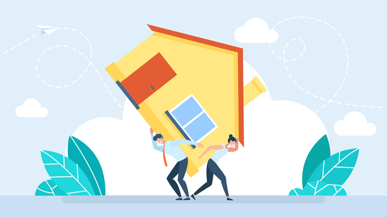 A husband and wife carry the house on their shoulders. Expenses for buying, renting, maintaining housing. Man, woman, home. The family spends the budget on the house. Flat design. Vector illustration