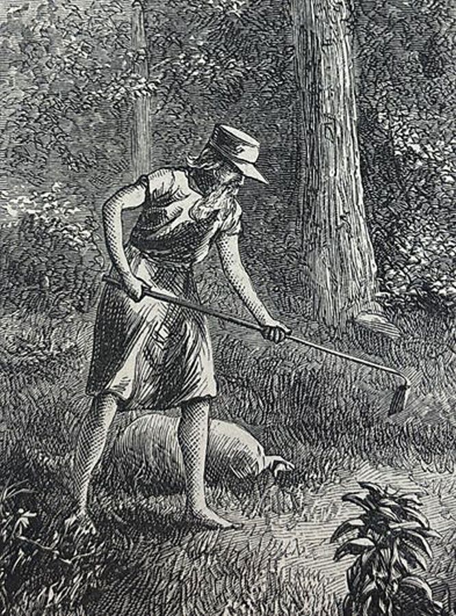 Antique illustration - Johnny Appleseed with a large bag and a hoe
