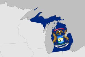 USA map series with state Michigan, with flag