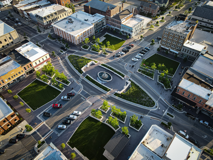 Aerial view of downtown Shelbyville, Indiana during a beautiful sunset