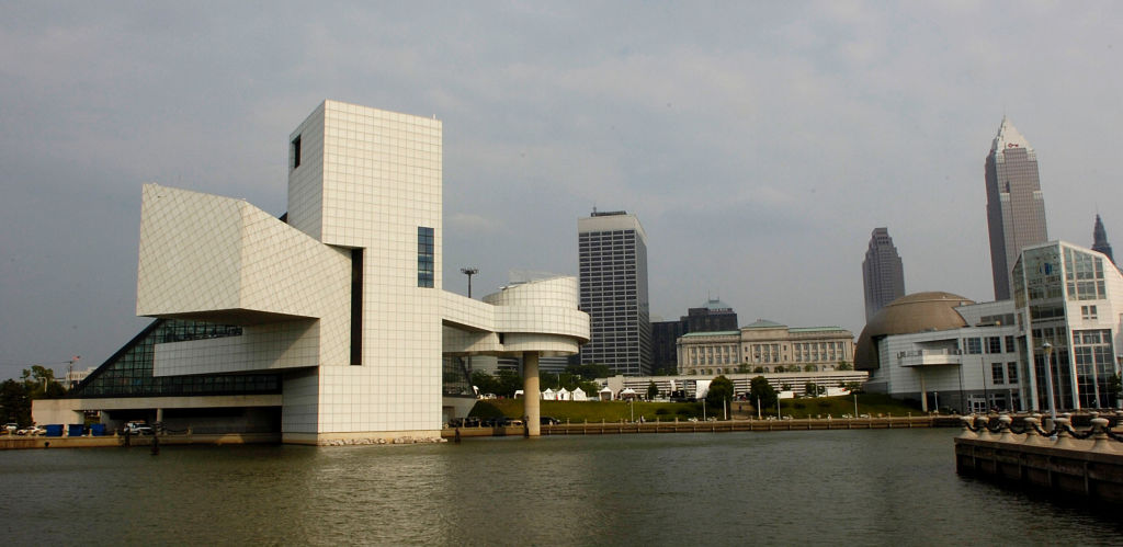 (6/18/06 -Cleveland, Ohio) 061806museumap01.jpg Striking architecture is apparent in a rear view of the Rock n' Roll Hall of Fame and Museum (white building at left)- a relatively new part of the new Cleveland skyline.Staff photo by Arthur Pol