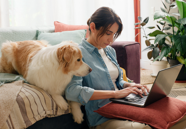 Remote work, laptop and woman with dog in house for research, planning or web communication at home. Computer, pets or freelance writer in living room with article, info or search with border collie