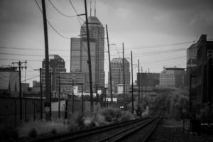 View of Downtown Indianapolis skyline, Indiana looking east along train tracks