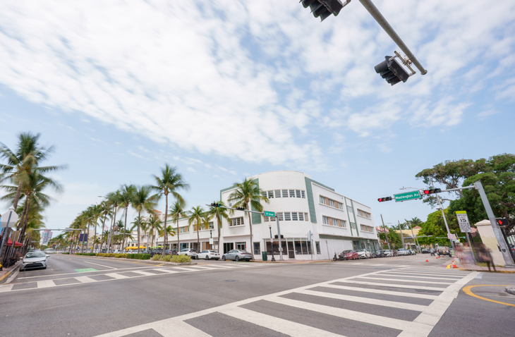 Miami Beach FL, USA. Intersection streetview Washington Avenue and 14th Street
