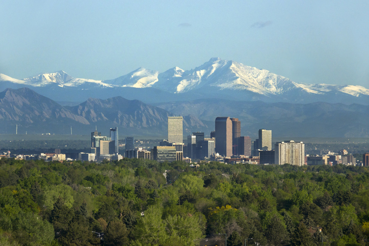 Denver Colorado skyscrapers Boulder Flatirons Longs Peak Rocky Mountains