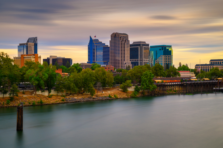 Sunset above Sacramento skyline and Sacramento River