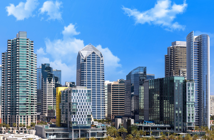 USA, Scenic San Diego downtown financial district city skyline and skyscrapers