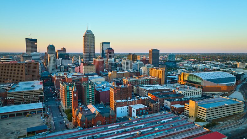 Aerial Golden Hour Glow on Indianapolis Skyline and Stadium