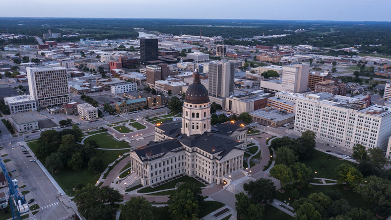 Nighttime view of Topeka Kansas State Capitol