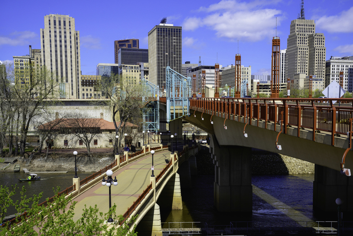 St. Paul City skyline, buildings, and landmark bridges over Mississippi River in Minnesota, United States