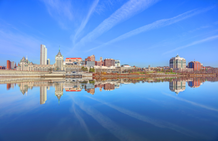 Albany skyline reflection on the Hudson River