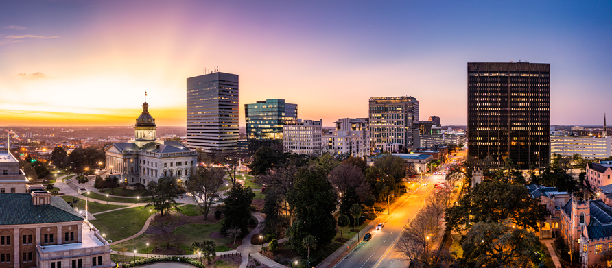 Aerial view of the South Carolina skyline at dusk