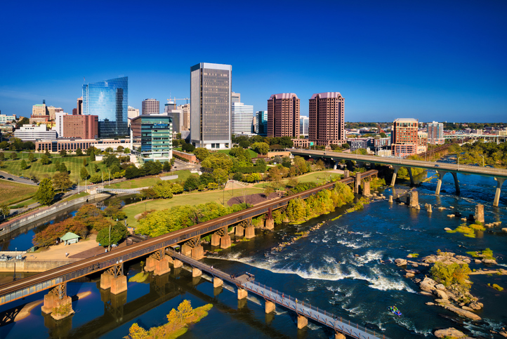 Richmond Skyline Aerial With River And Rapids