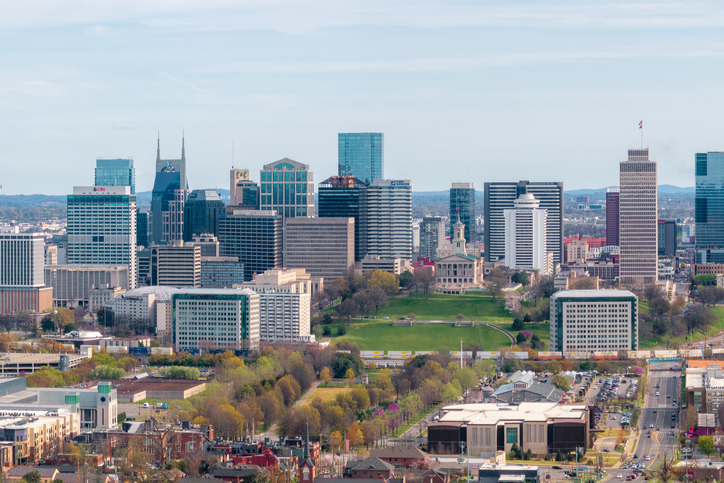 Elevated view of Tennessee State Capitol in Nashville in Springtime