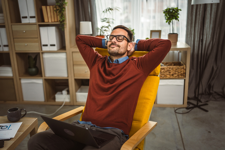 Adult man work from home and enjoy his break