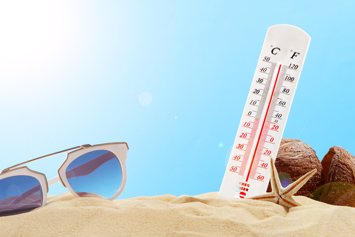 Thermometer Shows Hot Summer Day On Beach With Sunglasses And Coconut