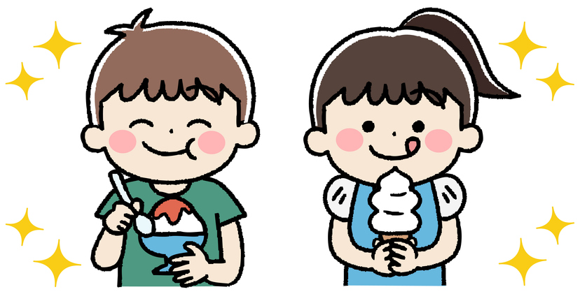 Illustration of kids eating shaved ice and soft serve ice cream with smiles